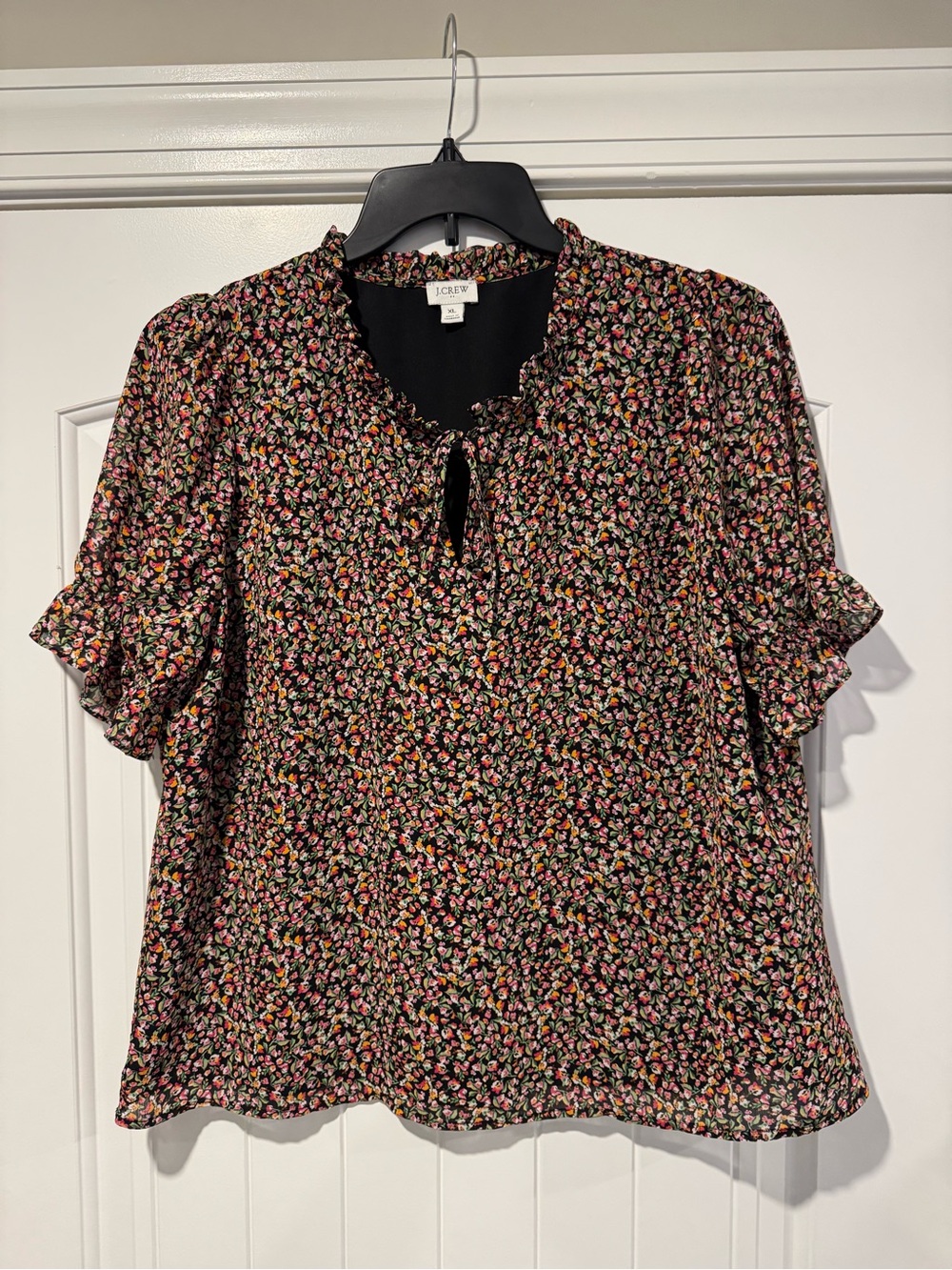 J. Crew Black Floral Ruffle-Trim Short Sleeve Blouse